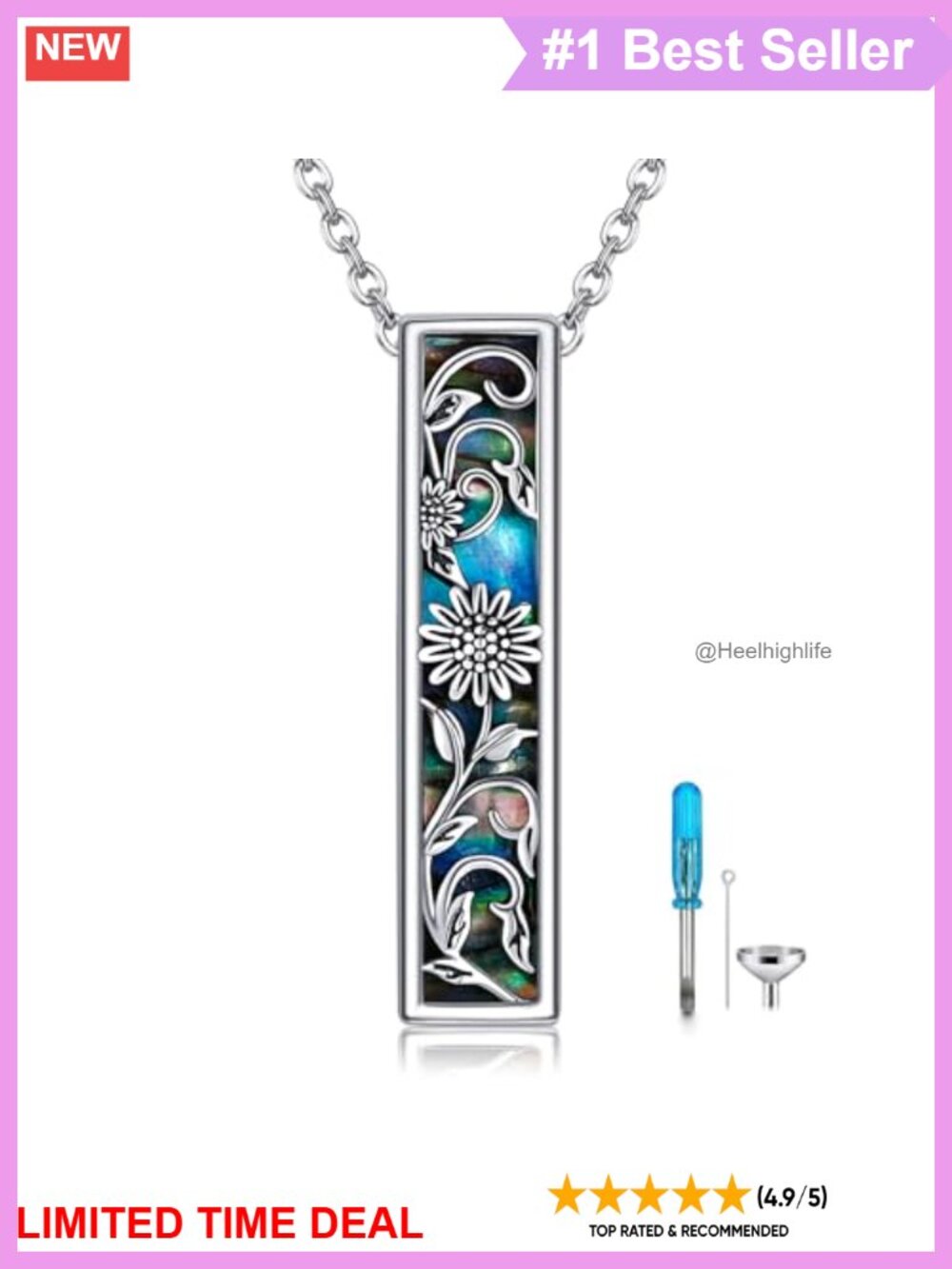 925 Sterling Silver Sunflower Bar Urn Necklace Abalone Cremation Jewelry
